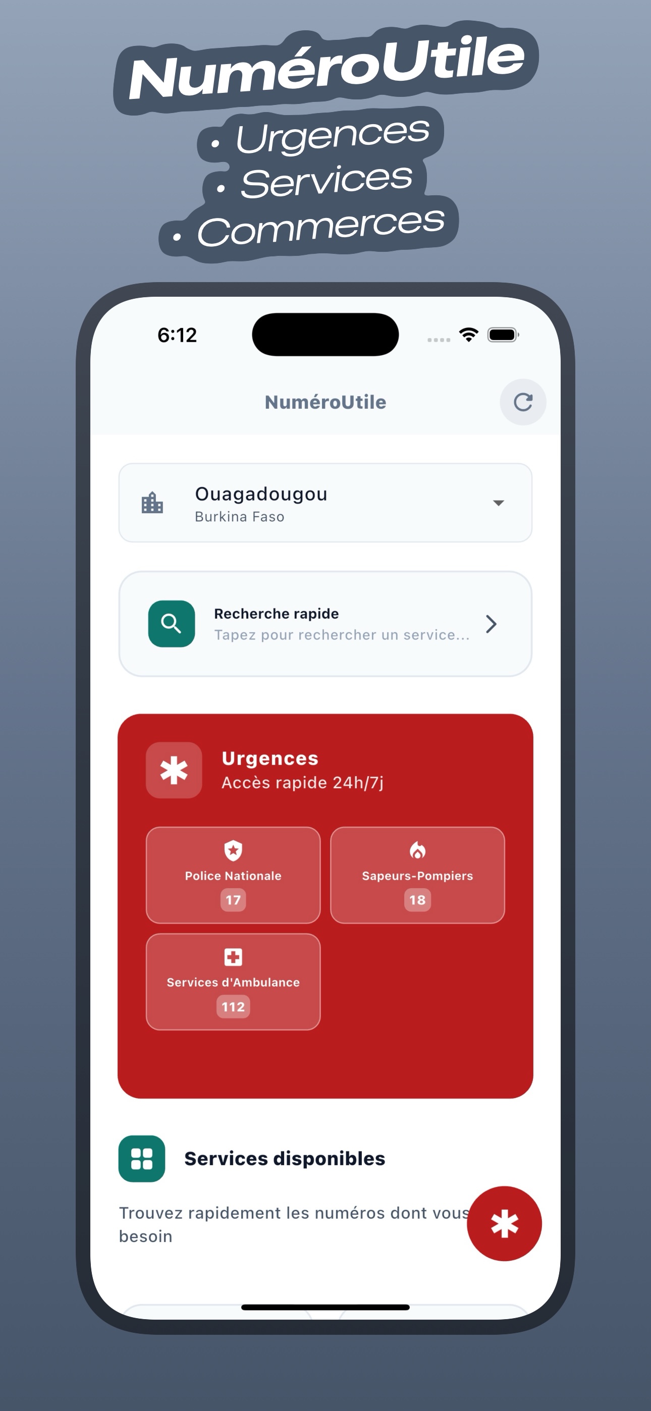 NuméroUtile App Screenshot - Interface showing emergency numbers and services in Ouagadougou, Burkina Faso